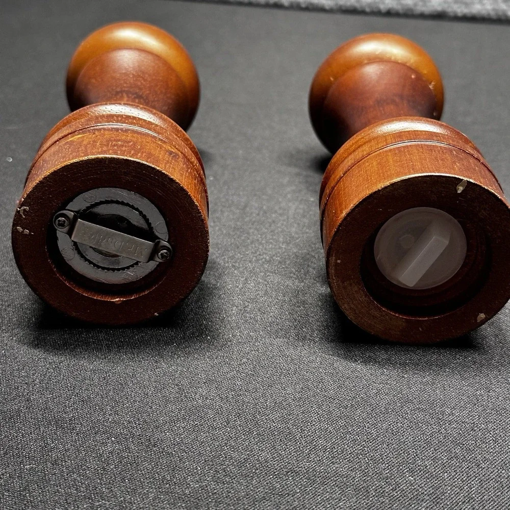 Vintage Mr. Dudley Solid Wood Pepper Grinder Mill & Salt Shaker Set Brown